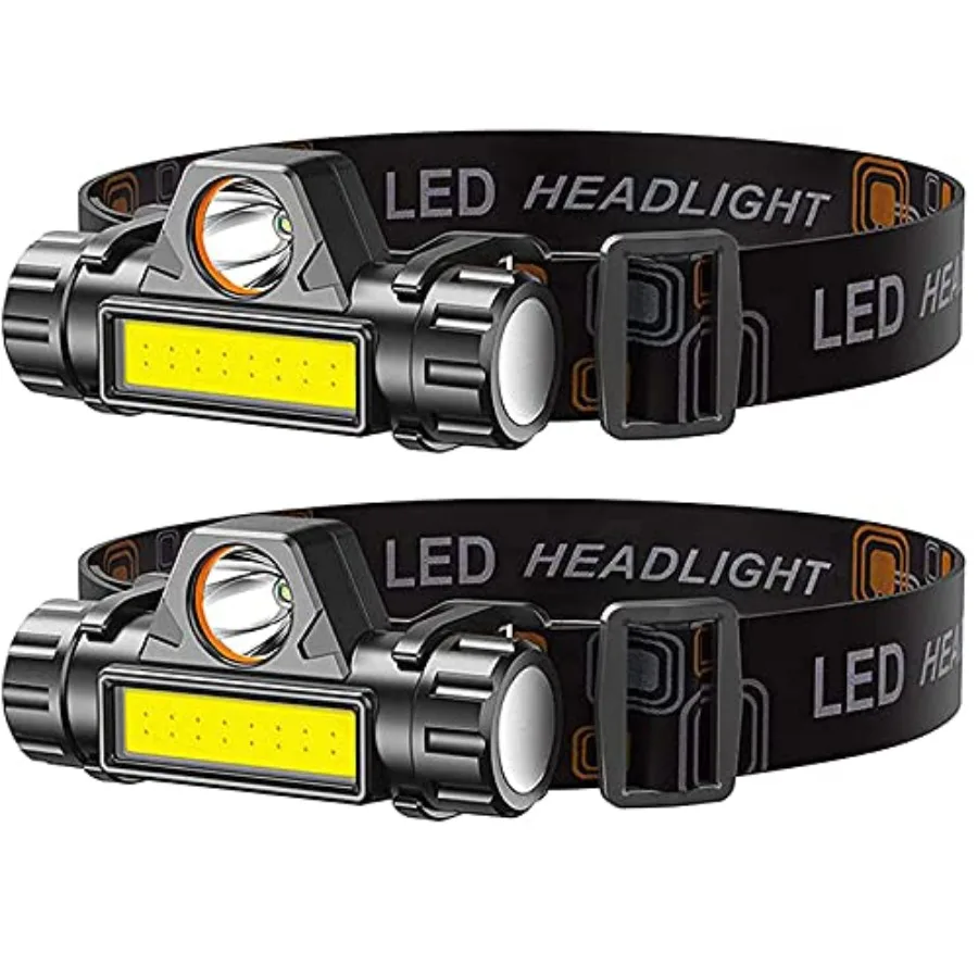 2 Pack Rechargeable Forehead Head Light - Night Walking Construction Headlamp USB 2000 Lumens Waterproof LED Lights Rotation Ad