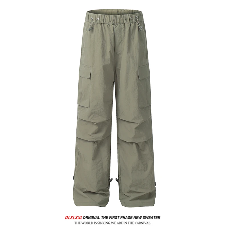

GXFortune American Retro Dstring Thin Work Trousers Loose Wide Leg Paratrooper Pants Casual Long Pants Loose Fit Summer