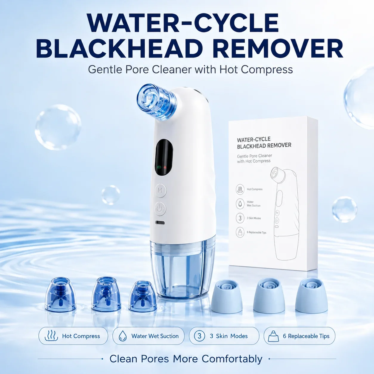 Water Cycle Blackhead Remover Hot Compress Pore Vacuum Cleaner 6 Suction Tips Type-C Rechargeable Facial Skin Care Device