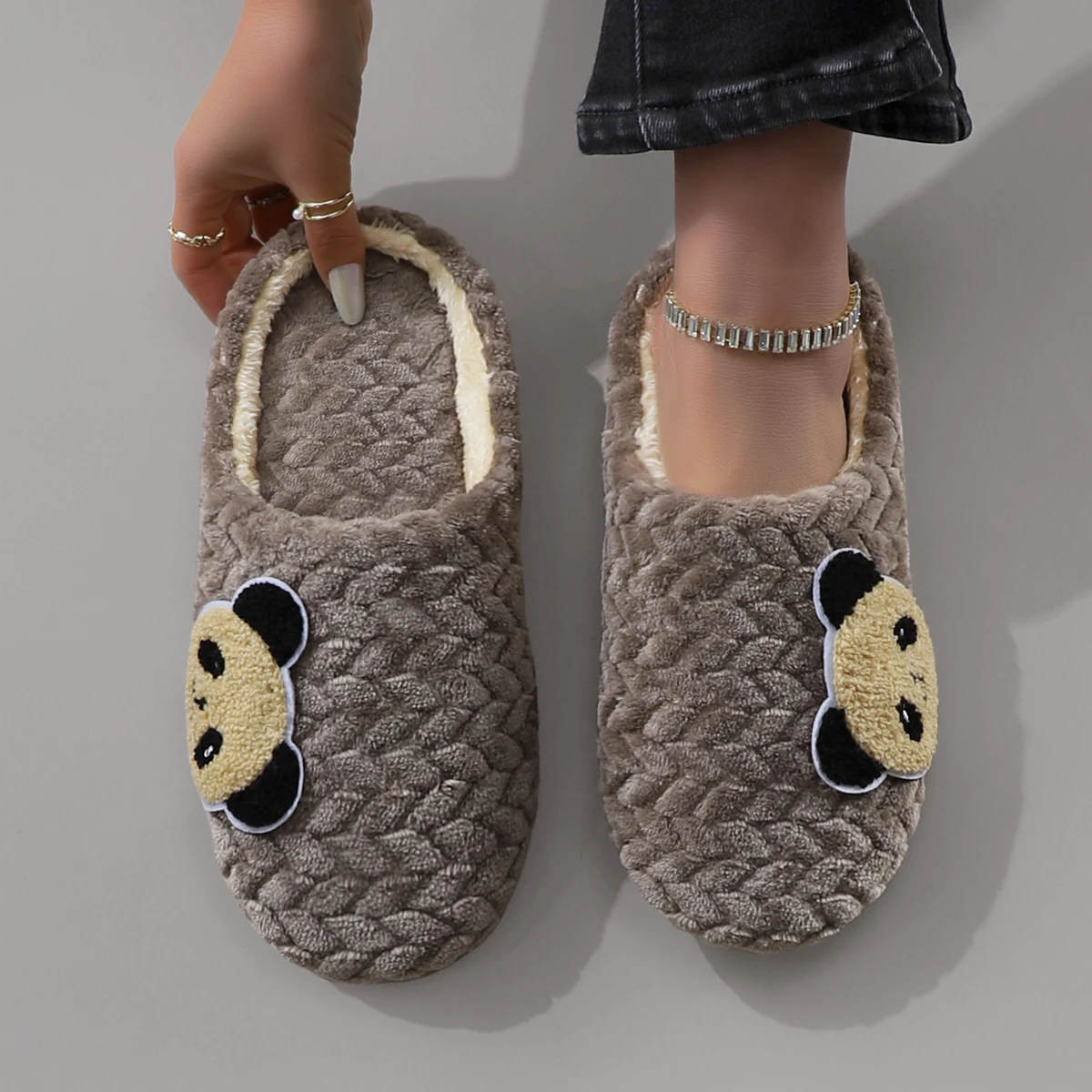 Cute Cartoon Embroidered Panda Plush Silent Soft-Soled Women's Home Slippers Floor Socks Slippers image 6