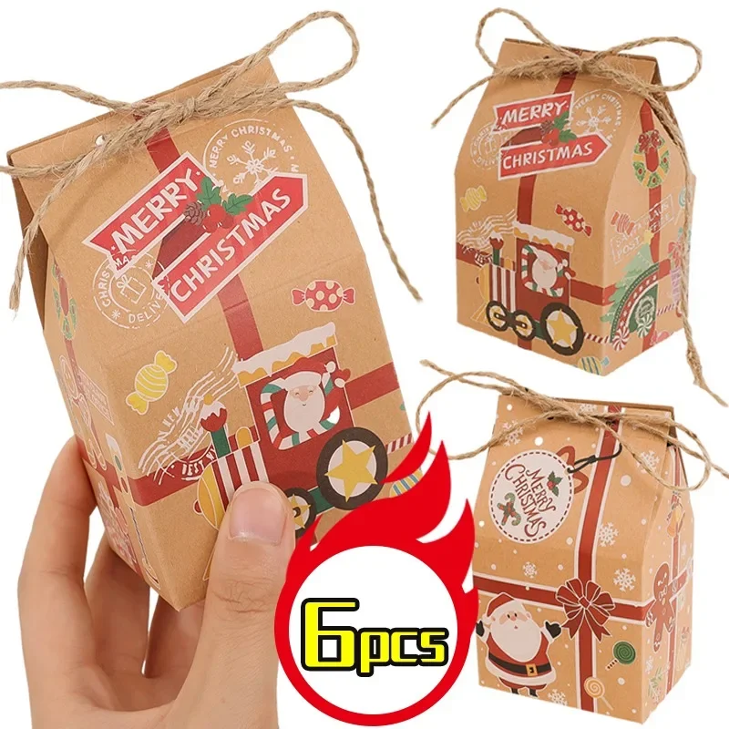 Caja de regalo de dulces de Feliz Navidad con etiqueta, bolsas de embalaje de regalo de galletas de papel Kraft para decoración del hogar, caja de regalo de Año Nuevo, 6/1 Uds.