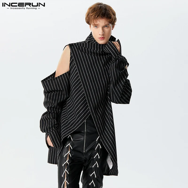 2024 Men Irregular Shirt Striped Turtleneck Long Sleeve Off Shoulder Loose Men Clothing Streetwear Casual Camisas S-5XL INCERUN