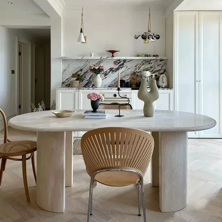 

Natural travertine dining table Middle ancient oval marble dining table French retro style square dining table