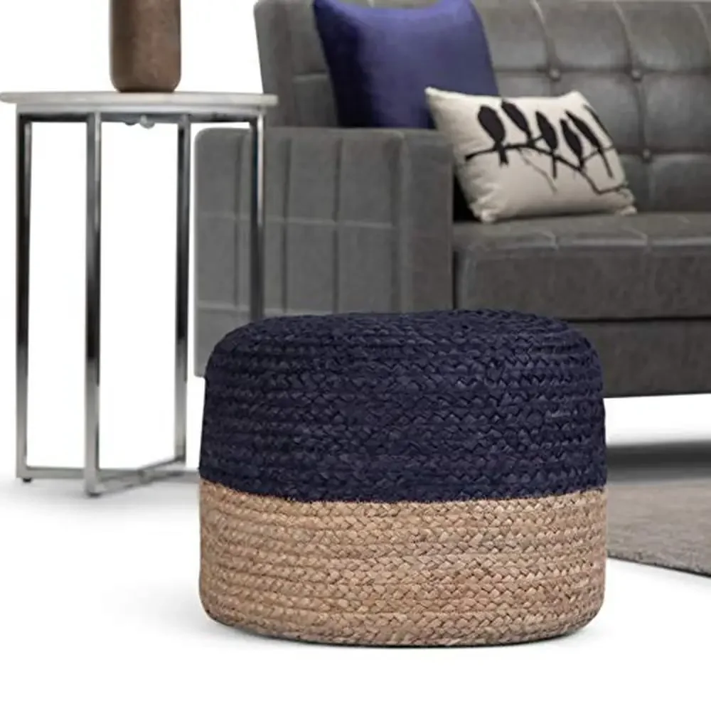 Navy Natural Braided Jute Round Pouf Stool Contemporary Handcrafted Footstool