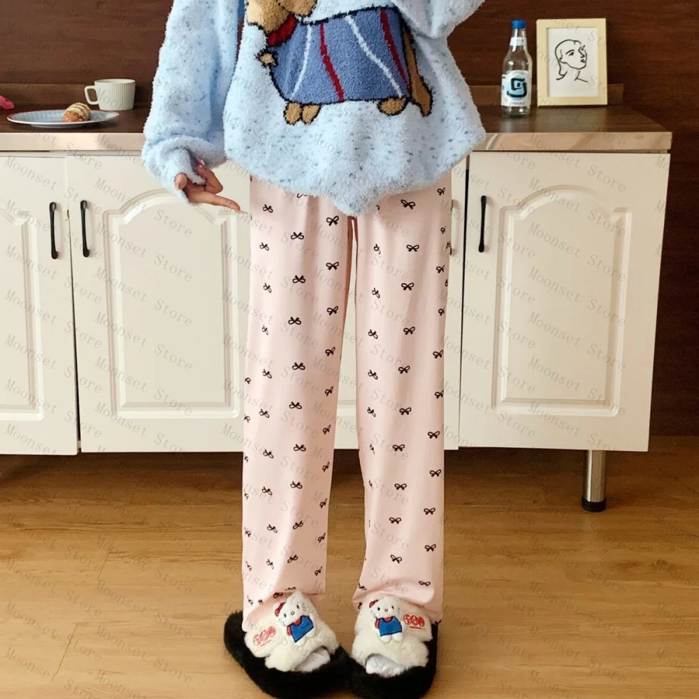Calças femininas plus size e soltas para casa com laços e calças de pijama podem ser usadas como agasalhos em casa na primavera, outono e inverno