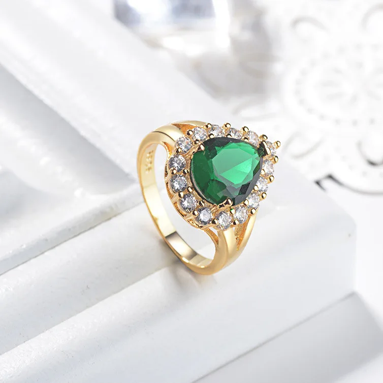 Hurrem Sultan Ring with Emerald Turkish Handmade Jewelry Small Drop Shape Pear Cut Emerald and Round Cut Topaz Ring