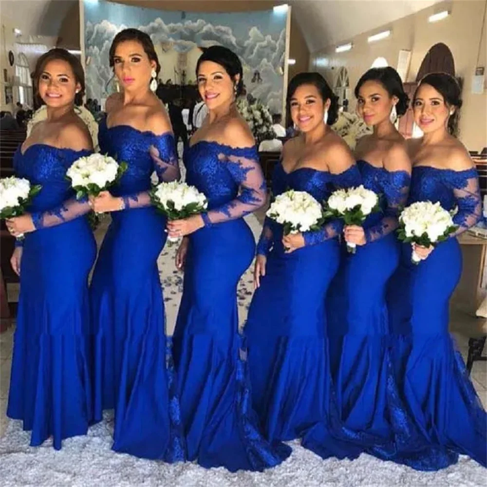 

Royal Blue Women Prom Dresses Off-Shoulder Boat Neck Long Sleeves Lace Appliques Mermaid Satin Bridesmaid Dress Evening Dress