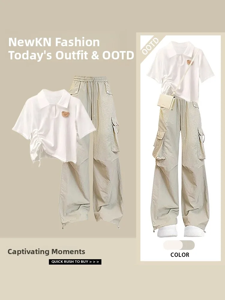 

Summer Drawstring Design Short Sleeve T-Shirt High Waist Slimming Workwear Pants Set Women's Two-Piece Set Fashionable Casual...
