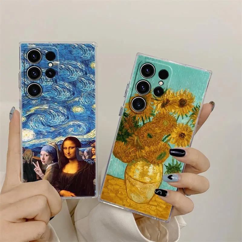 Cat Van Gogh Starry Night Oil Painting Phone Case For Samsung Galaxy S24 S23 Ultra S22 S20 Plus S21 FE Clear Cases Cover Fundas
