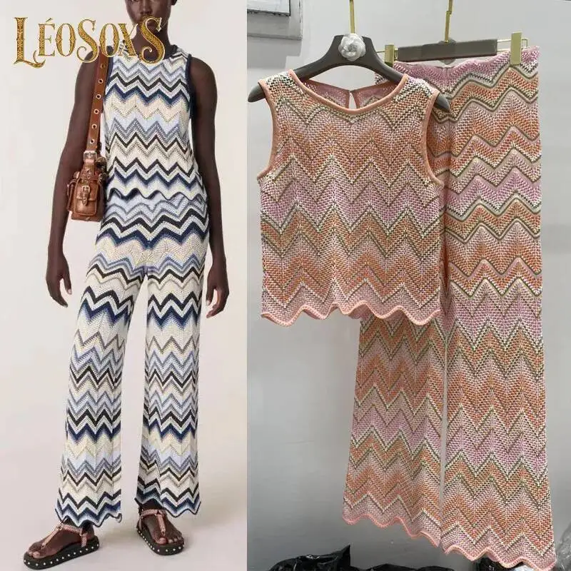 

LEOSOXS Women's Chevron Knit 2 Piece Set Hollow Out Sleeveless Top + Wide Leg Pants Casual Summer Outfit