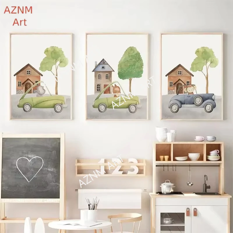 Wall Art Canvas Painting Nordic Pictures Baby Kids Room Decor Car Giraffe Lion Elephant Monkey Jungle Animals Posters