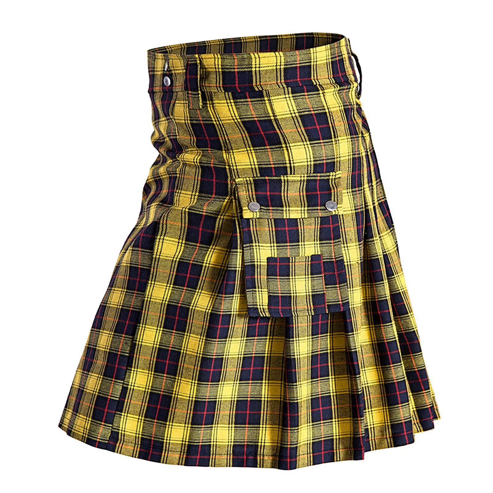 Plaid Men Fashion Scottish Kilt Contrast Color Pocket Kendo Pleated Vintage Short Skirt Gothic Punk Waistband Highland Kilt