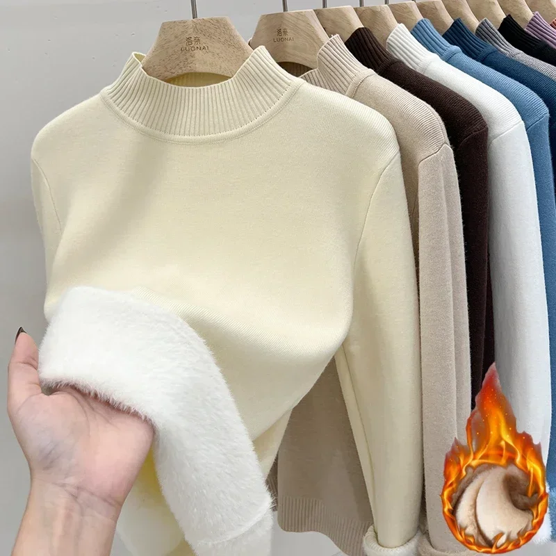 Winter Turtleneck Sweater Knitwear Women Elegant Thicken Velvet Lined Warm Sweaters Knitted Pullover Slim Tops Jersey Jumper New