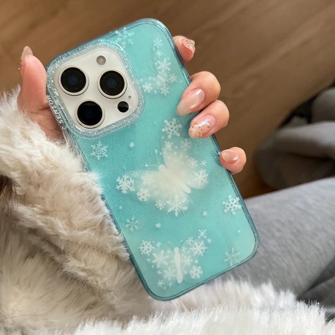

Winter Snowflake Butterfly Blue background Phone Case for iPhone 17 16 15 14 13 Pro Max 14 Plus 16promax Bing Glitter Cover