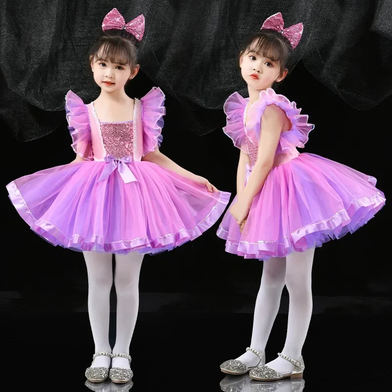Youth Modern Dance Performance Costumes Children Chorus Performance Costumes Princess Dress Tutu Ballet Skirt Sequins Dancewear