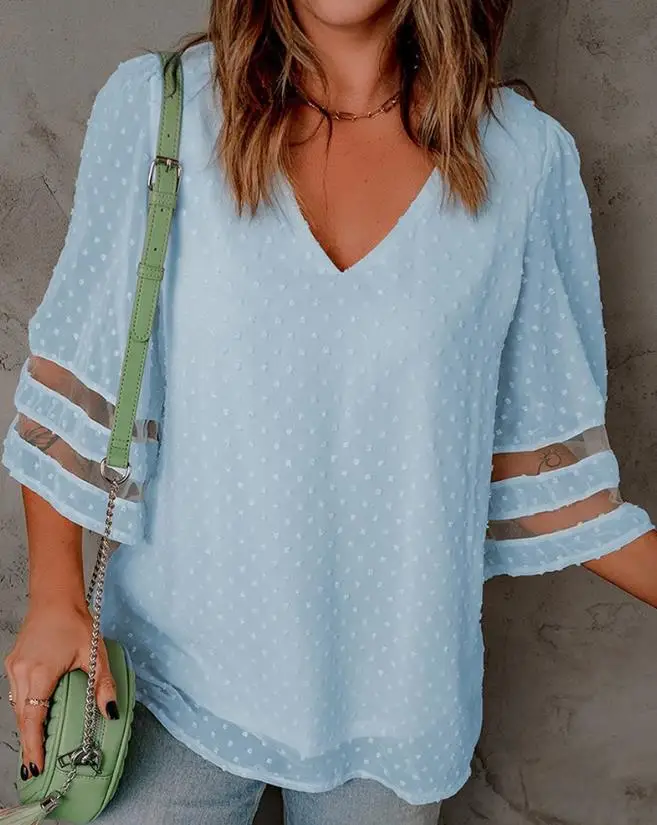 

Casual Shirt Top for Women's New Summer Loose and Slimming Solid Color Bell Sleeves Contrasting Mesh Swiss Polka Dot Top
