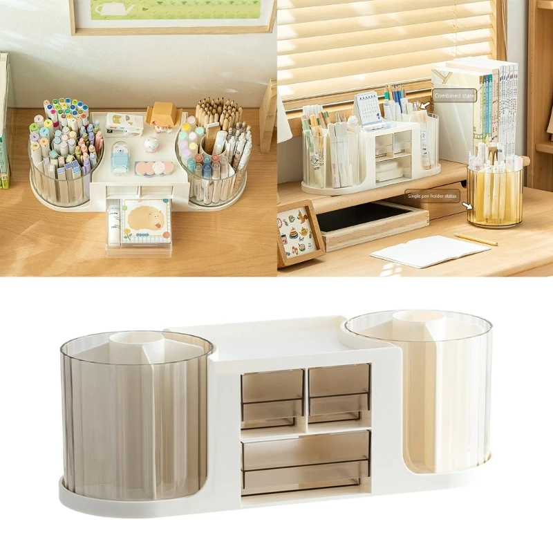 

Desk Organisers Desk Tidy Makeup Brush Organisers with Drawers, Rotating Pen Holder Office Desk Stationery Storage Box