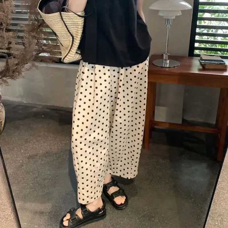 Japan Style Polka Dot Casual Pants Summer Loose Vintage Basic High Waist Elastic Female Clothing Stylish Straight Cropped Pants