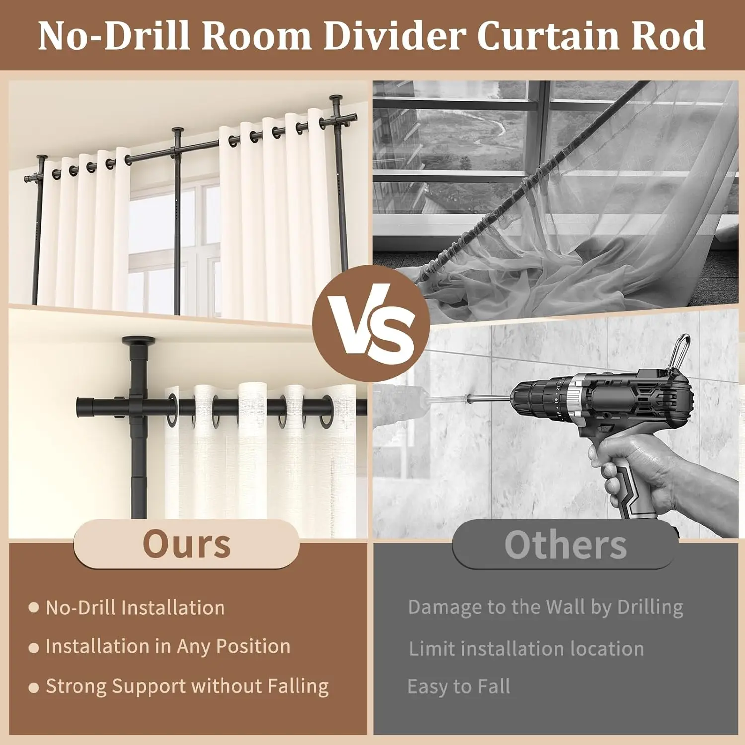 Adjustable Room Divider Curtain Rod, 4-10ft Height, 28-114in Width, No Drilling Freestanding Partition