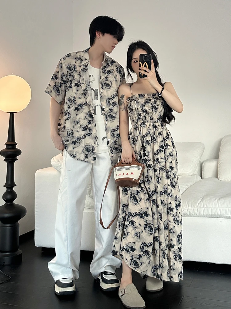 Couple's Summer Short Sleeve Floral Shirt Beach Vacation Style Long Skirt Slimming Strap Dress One Skirt One Dress