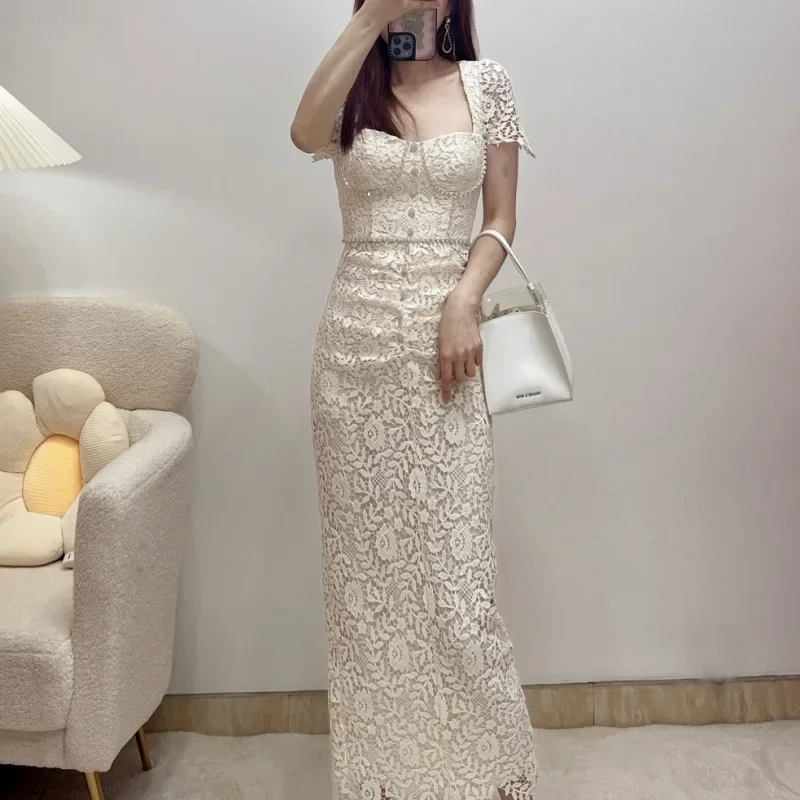 Women's white sexy one-word collar slim dress lace hollow waist waist lady elegant birthday party maxi dress female