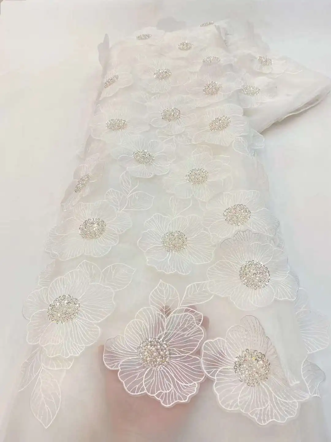 Vestido de novia bordado de flores 3D, tela de encaje con cuentas de flores de Bule, encaje francés dorado, lentejuelas de tul para coser XZ450KU