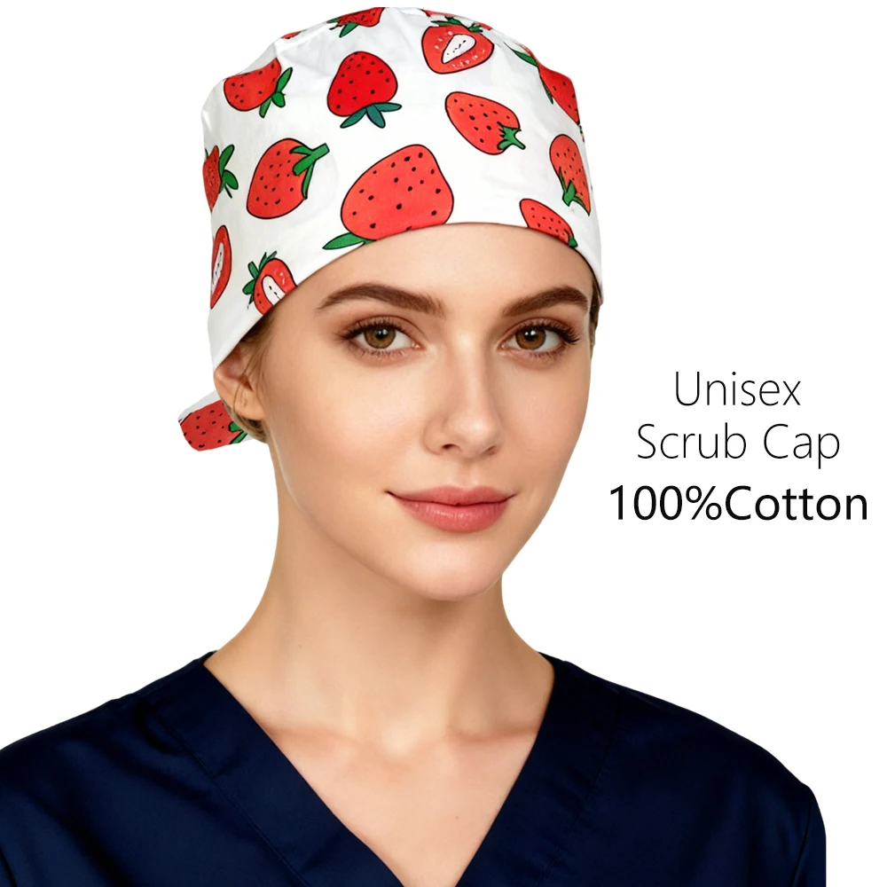 

New Soft Scrub Cap Strawberry Print Woman Man Medical Dental Lab Working Hat Adjustable Surgical Caps Female and Male