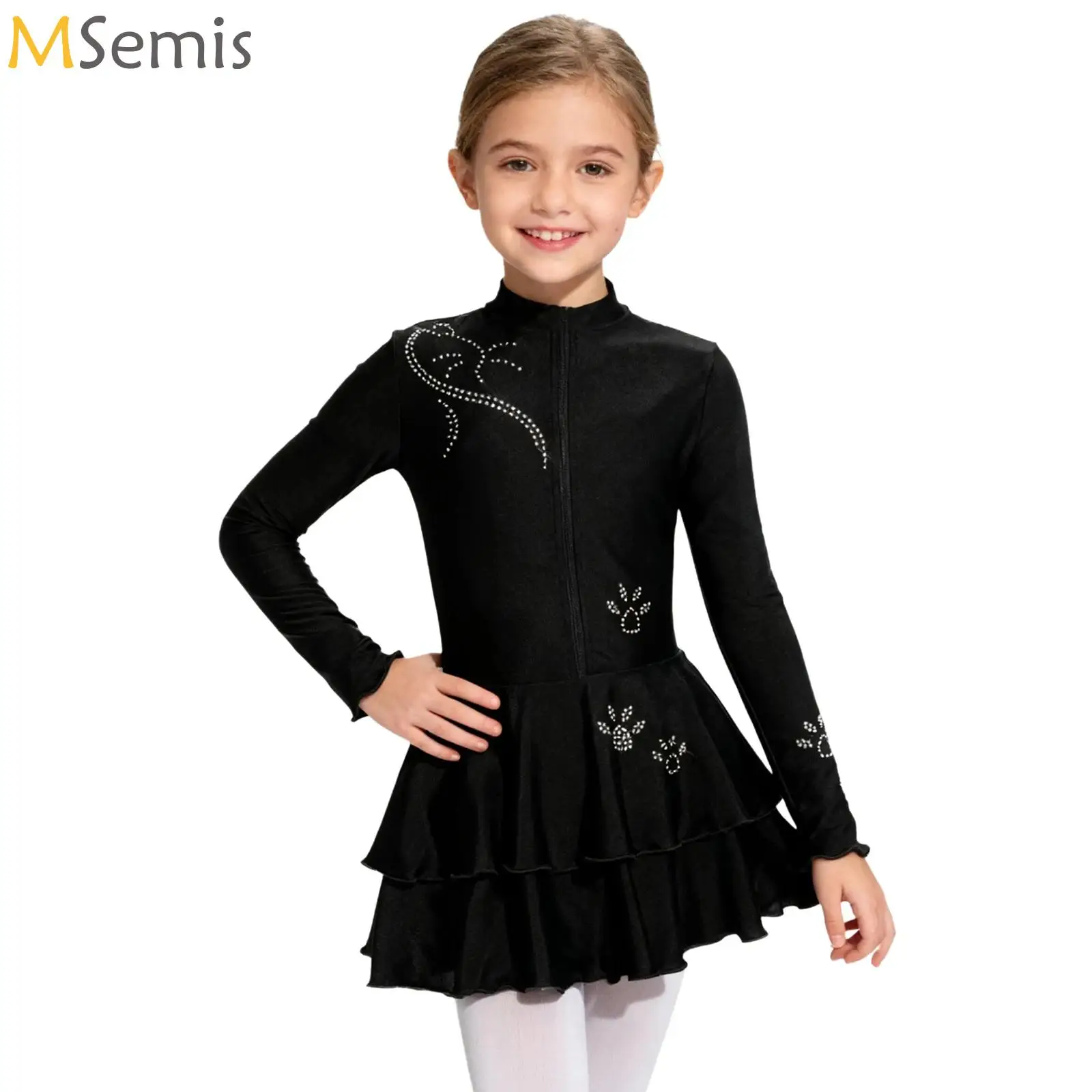 

Kids Girls Rhinestone Ballet Gymnastics Leotard Front Zip Tiered Ruffled Tutu Dance Dress Competition Stage Performance Costume