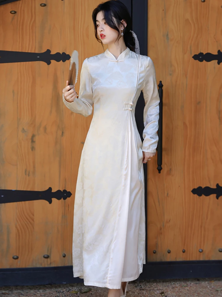 المرأة الكورية خمر حفلة فاخرة Vestidos الخريف الأبيض الساتان الجاكار الوقوف طوق فستان طويل 2025 فستان شيونغسام أنيق جديد #2