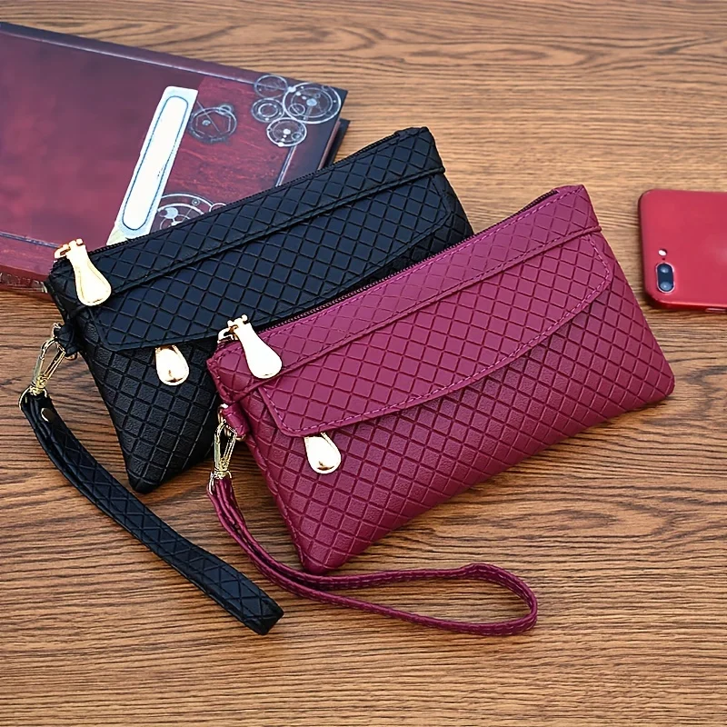 Women\'s Argyle Quilted Clutch Bag, Multi Zipper Wristlet Bag For Phone & Coin, Fashion Handbag