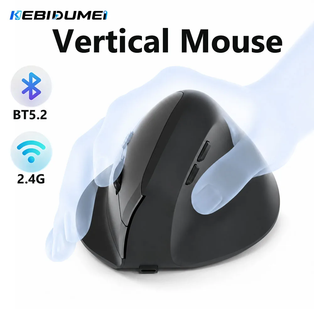 KEBIDUMEI Mouse vertical Bluetooth 5.2 2.4G sem fio 1600DPI Mouse para jogos recarregável ergonômico com 6 botões silenciosos