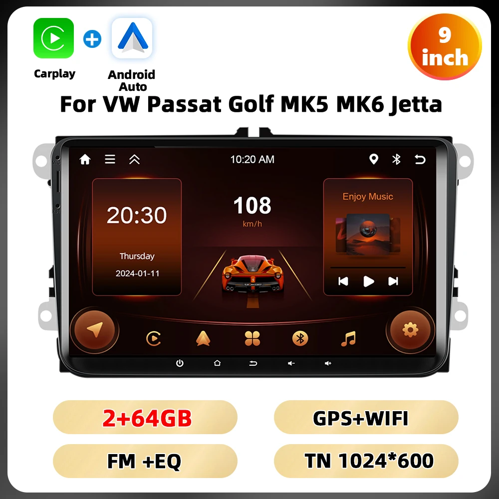 Podofo 9 ''8core Autoradio Voor Vw Passat Golf Mk5 Mk6 Jetta T5 Multimediaspeler Gps Navigatie Carplay Android Car Audio