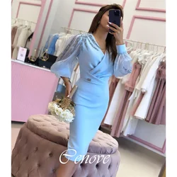 Cenove 2024 Arab Dubai V Neckline Prom Dress Tea-Length With Long Sleeves Evening Fashion Elegant Party Dress For Women