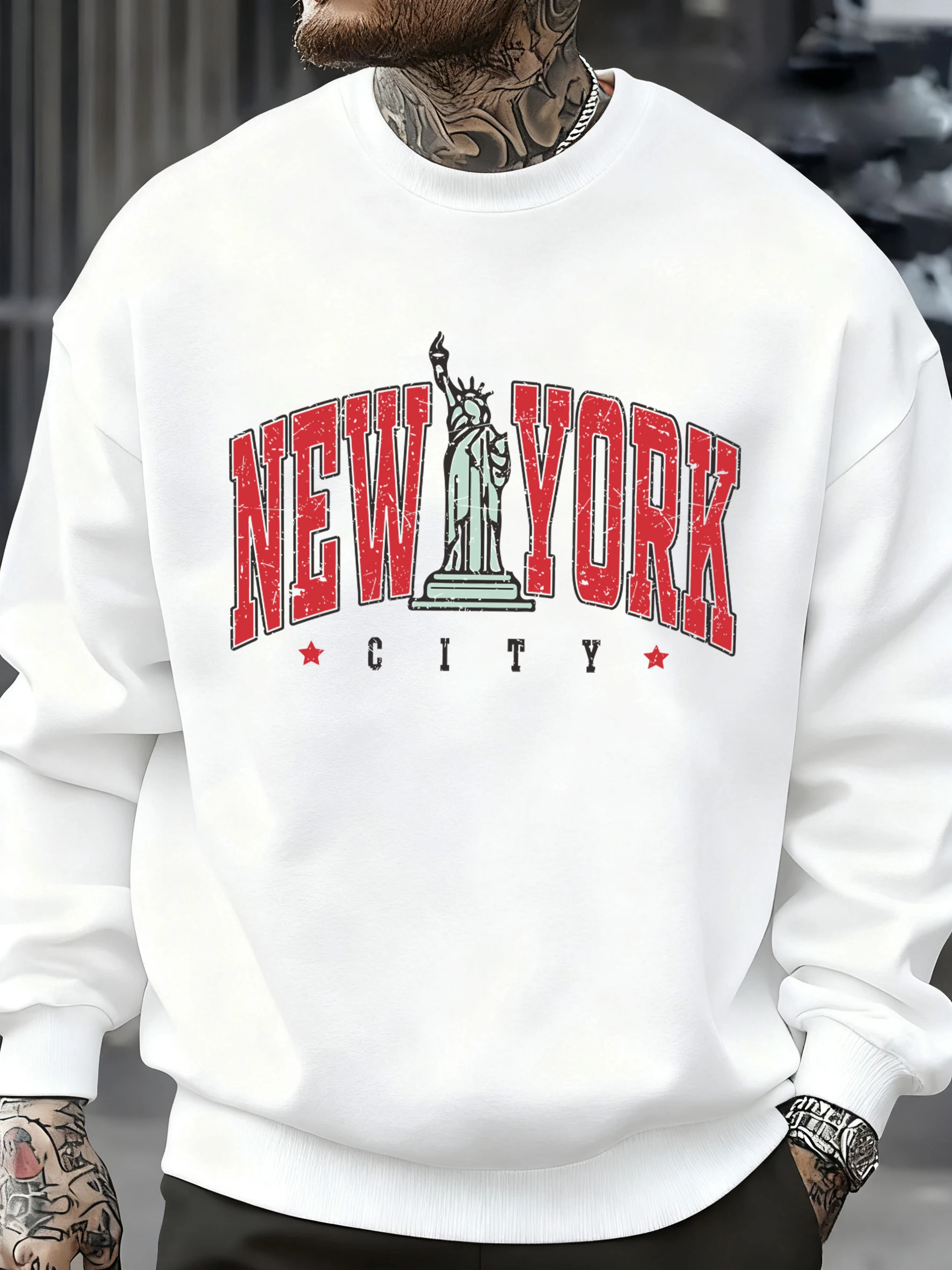 Die Statue repräsentieren New York Print Herren Sweatshirt Vintage Lose Kleidung Straße Casual Pullover Fleece Weicher Trainingsanzug Unisex