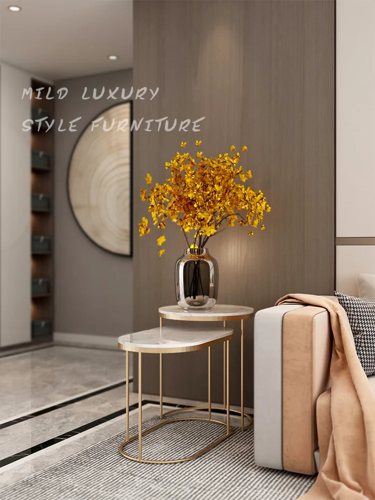 أريكة غرفة المعيشة الإيطالية خزانة جانبية مستديرة طاولة قهوة صغيرة طاولة جانبية بلاطة صخرية قابلة للسحب خفيفة luxu #2