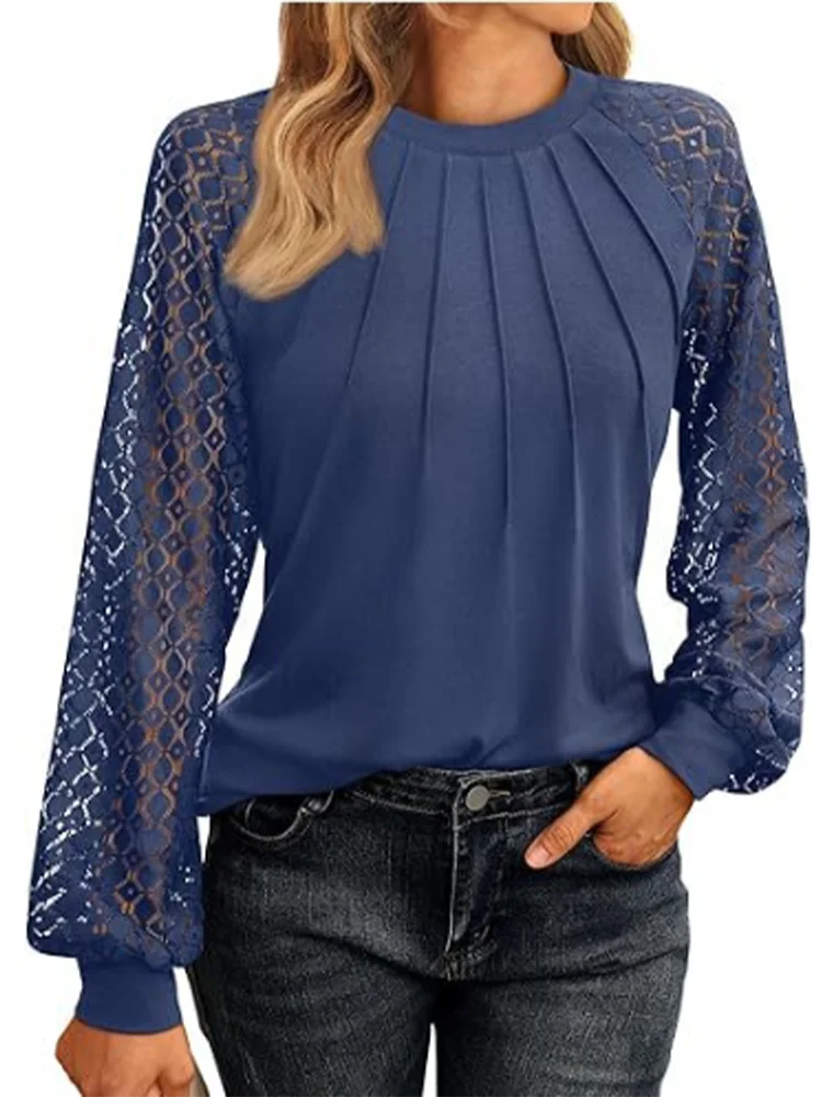 Elegant Lace Pleated Solid Color Shirts Women's Round Neck Lantern Long Sleeved Blouse Autumn Daily Casual Top image 2