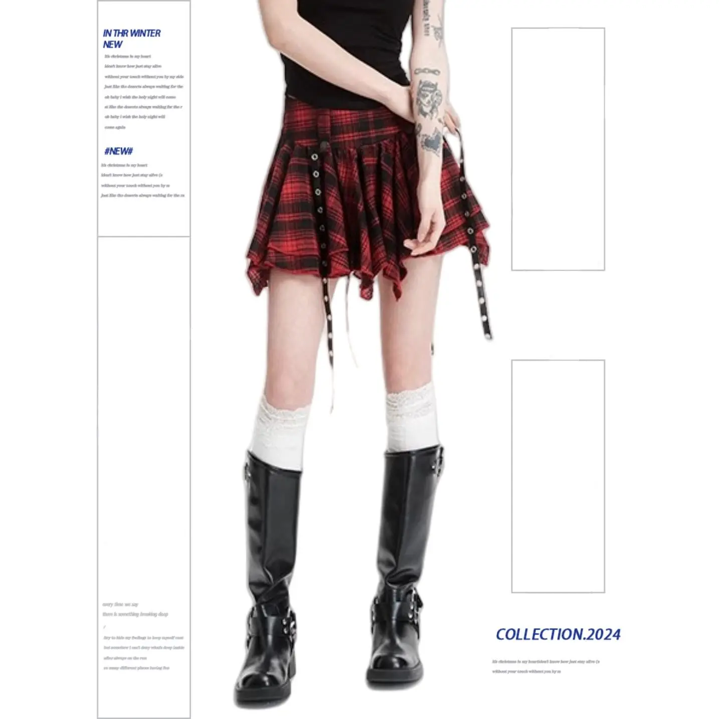 

Women's New Style Irregular Splicing Red Plaid Puffy Cake Skirt