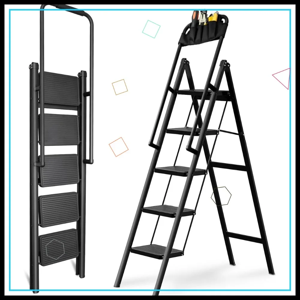 5 Step Folding Ladder with Handrails & Tool Bag, Heavy Duty 330lbs Capacity, Easy Storage Kitchen/Closet Ladder for Adults