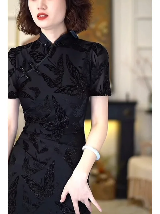 

Elegant Black Dress Bodycon Slimming Summer Chinese Style Reformed Qipao High-End Zen Tea Costume Women's Dress