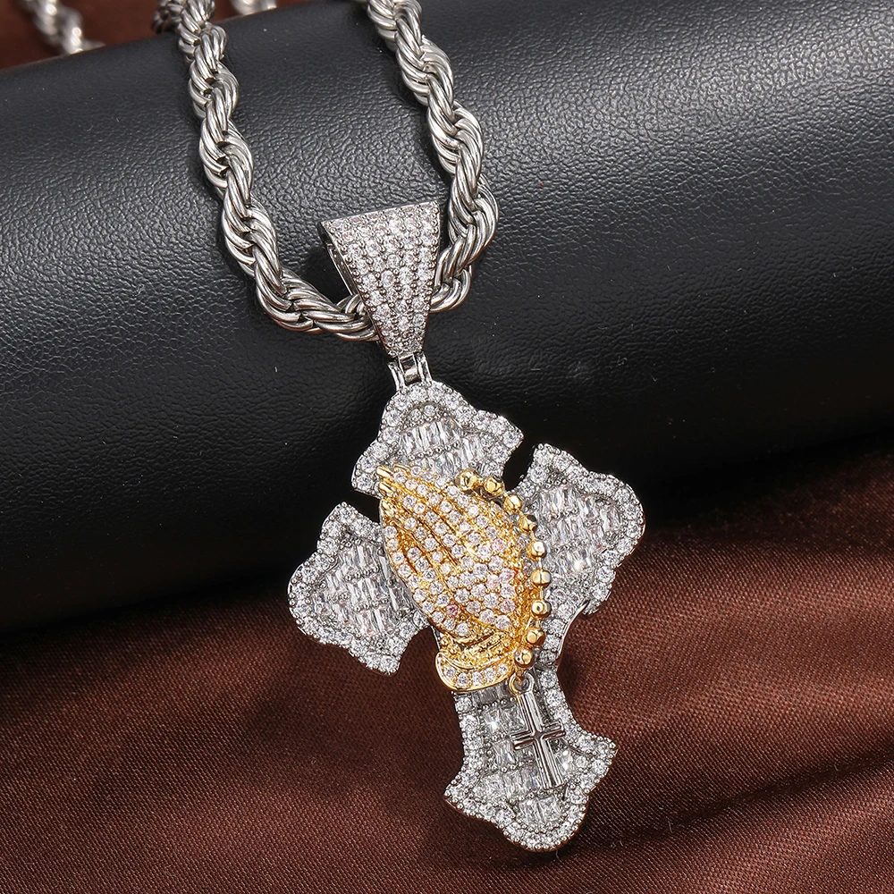 Cross Prayer Hands Two Tone Color Pendant Fashion Paved Cubic Zirconia Necklace Exquisite Bling CZ Charm Luxury Hip Hop Jewelry