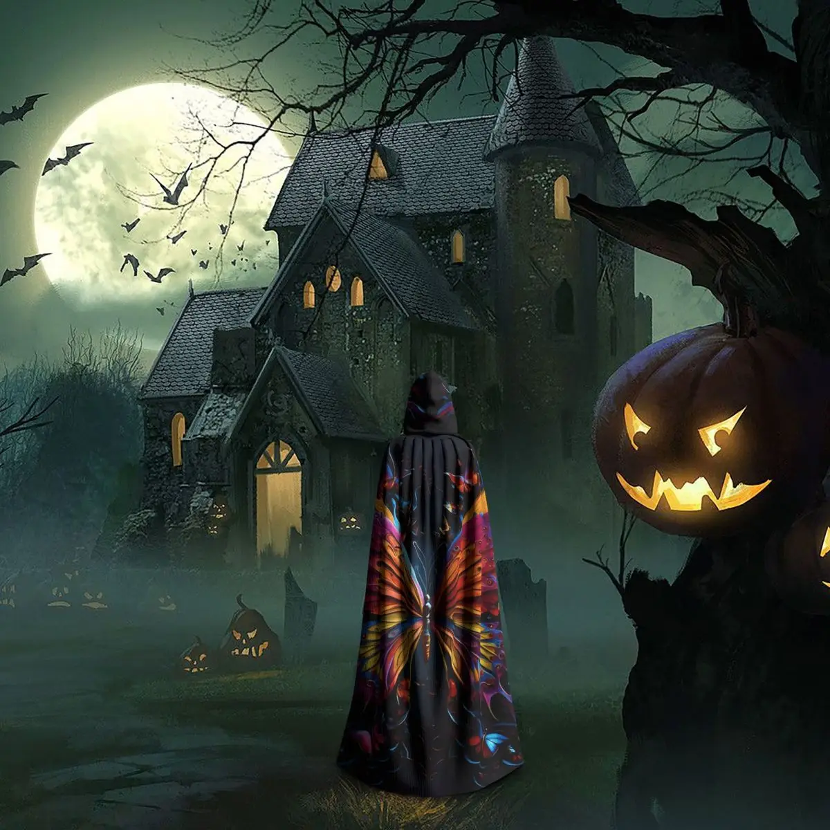 カラフルな蝶のロングフード付きマント魔女中世コスチュームコスプレケープハロウィンコート大人ユニセックス