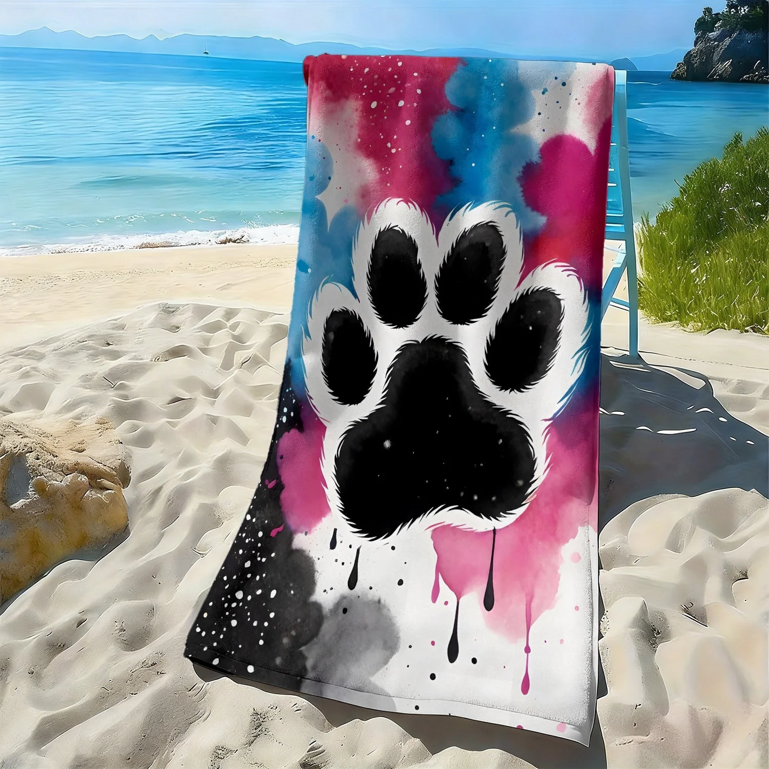 

Пляжное полотенце из полиэфирного микроволокна с акварельным рисунком в виде мультяшных лапок, очень хорошо впитывает влагу, подходит для плавания и поездок на пляж.