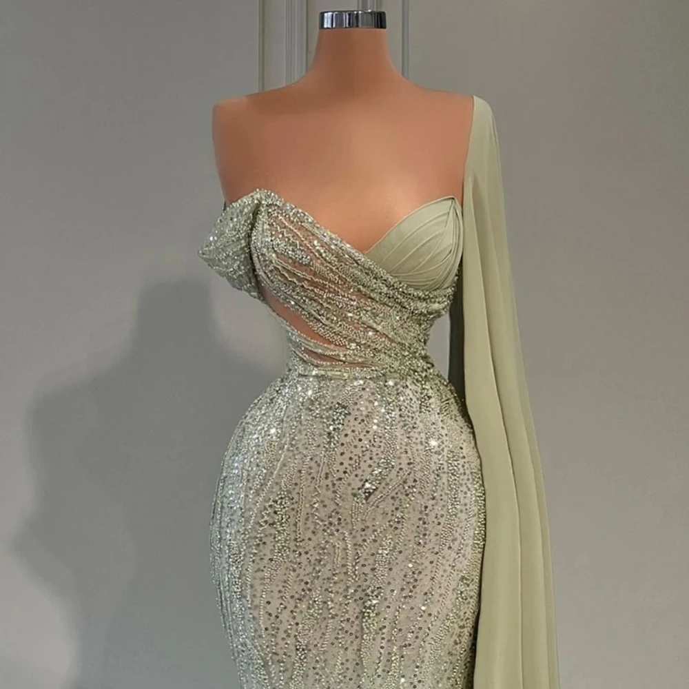 Luxury Green Evening Dresses Sweetheart One Shoulder Sleeve Floor Length Mermaid Shiny Sequined Elegant Prom Banquet Gowns