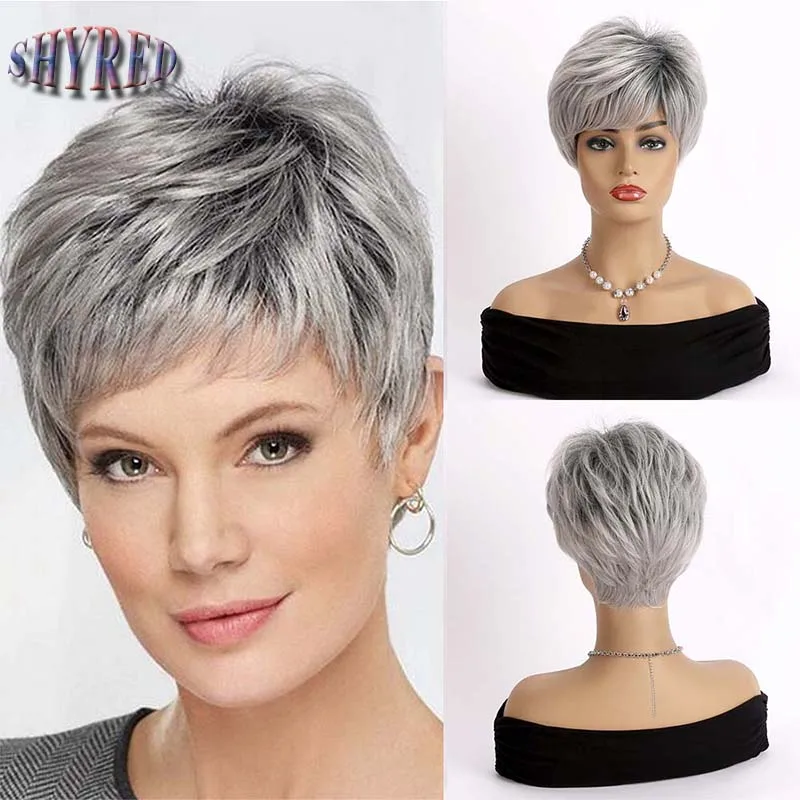 Synthetic Hair Short Cut Mixed Silver Gray Wig Layered Curly Heat Resistant Wigs With Bangs For Women Daily Use Breathable Wig