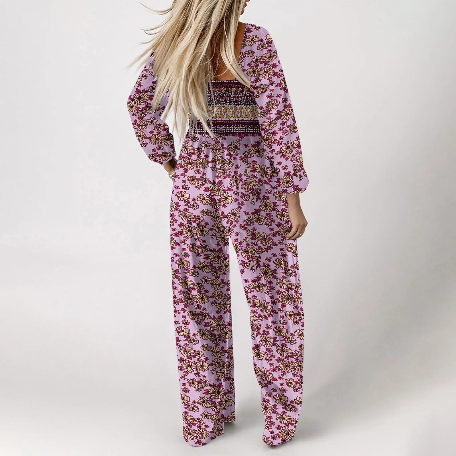 Women's Temperament Floral Jumpsuit Casual Square Neck Long Sleeve Wide Leg Pants Fashion Female Boho Style Holiday Playsuit