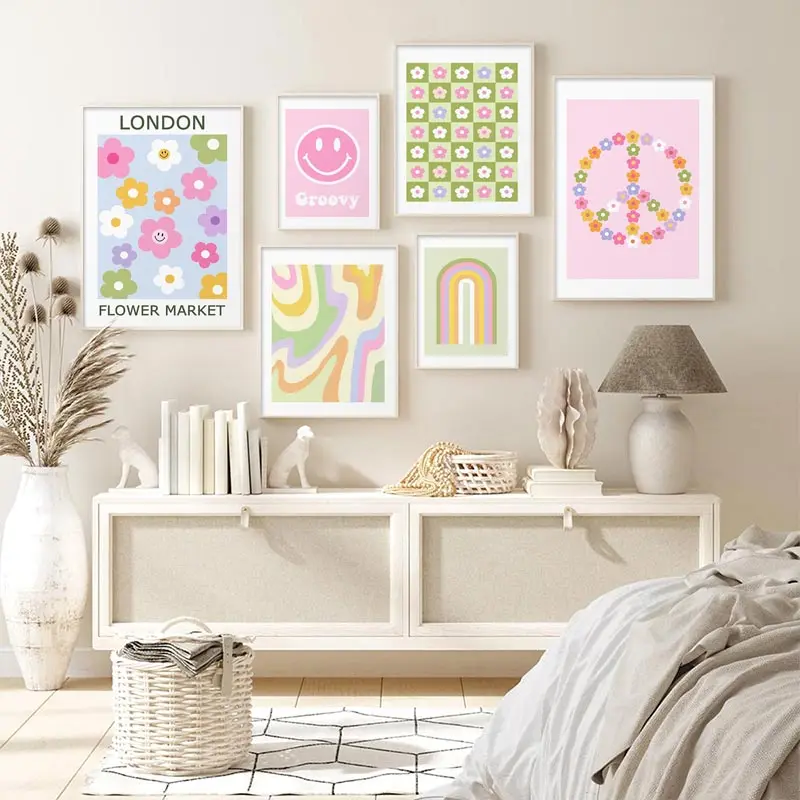 Colorful Danish Pastel Canvas Painting Happy Floral Poster Artwork Smiley Face Flower Rainbow Print Wall Art Nursery Home Decor