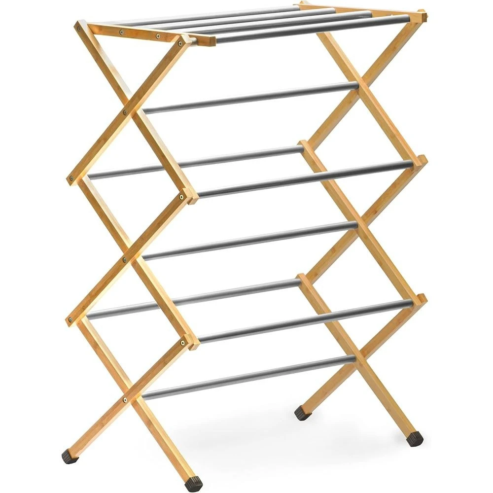 

Премиум-сушилка для белья из бамбукового дерева с металлическими стойками, полностью собранная, с противоскользящими ручками, регулируемая по высоте, 11 стержней