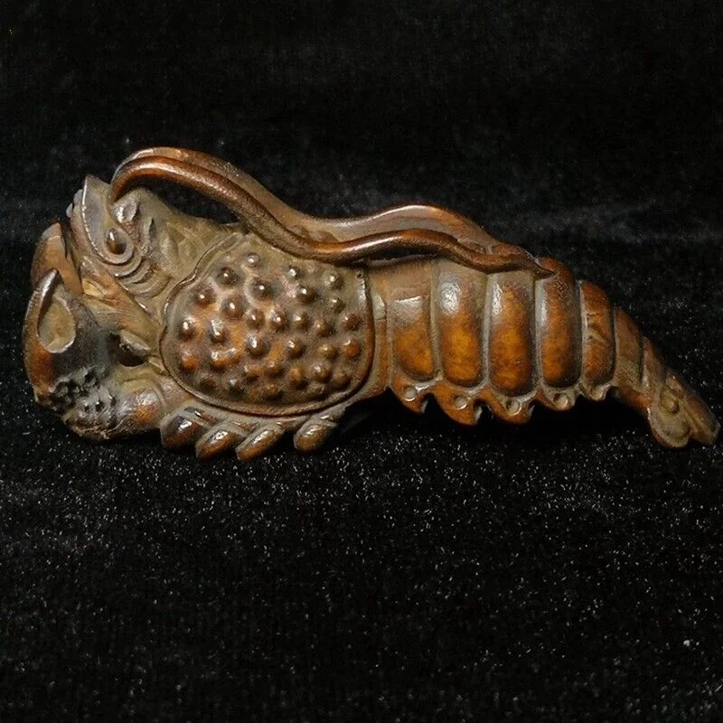 8 CM Japanese boxwood hand carved lobster statue netsuke table deco collectable