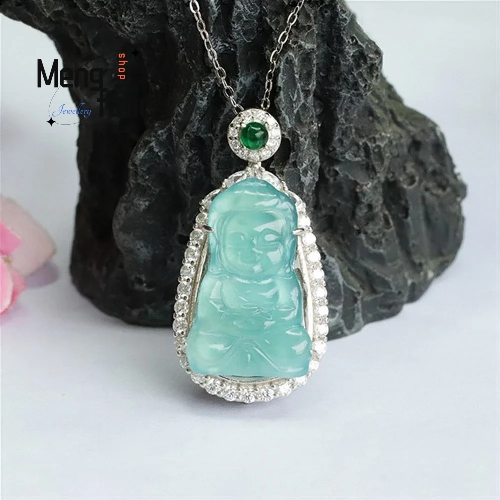 

S925 Silver Inlaid Natural Jadeite Ice Blue Water Baby Buddha Pendant Exquisite Elegant Simple High-grade Luxury Quality Jewelry