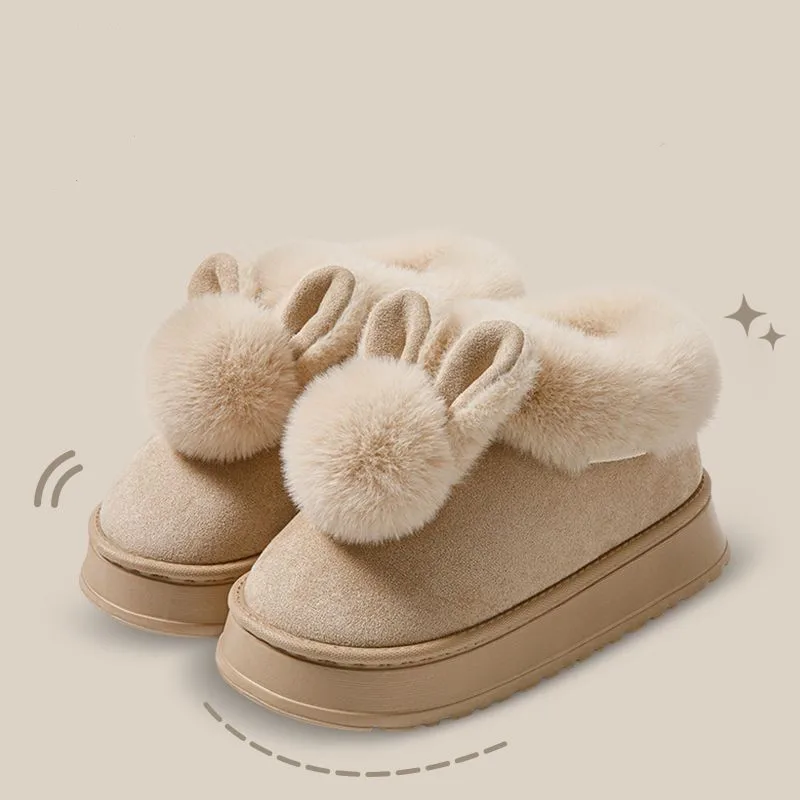 2024 Rabbit Ears Plush Warm Slippers Winter Women Thicken Cotton Shoes Sweet Girls Casual Non-slip Slippers Warm Cotton Shoes